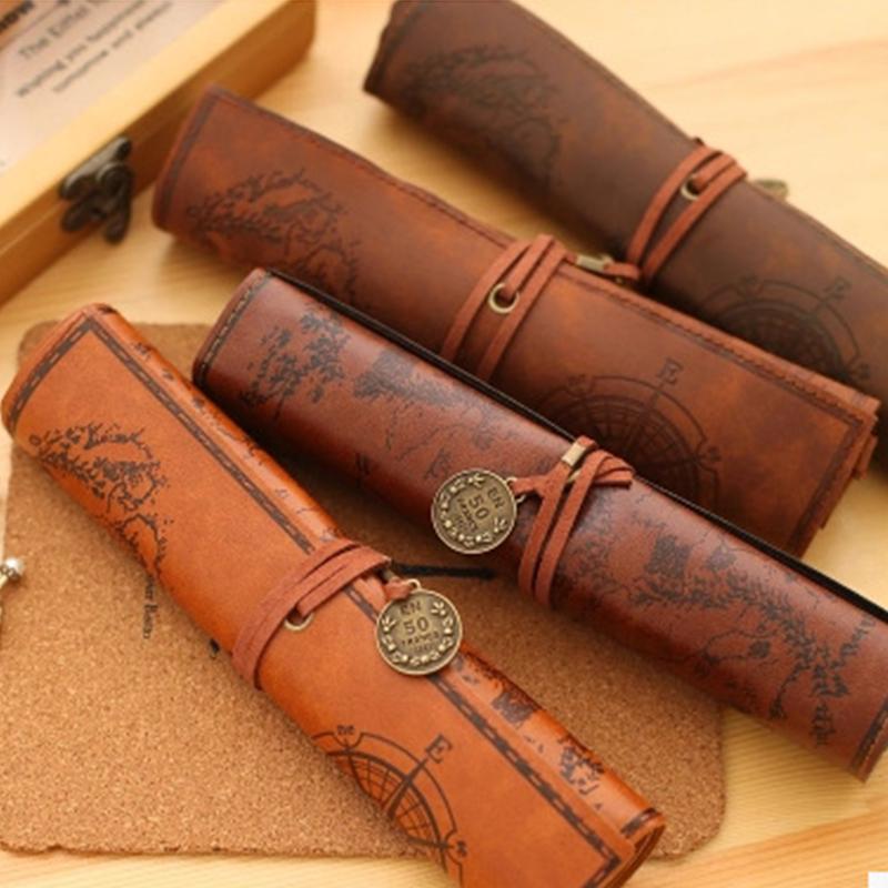 1 Pc Creative Treasure Map Retro PU Leather Large Capacity Pencil Bag Cute and Simple Stationery Box Pencil Bag