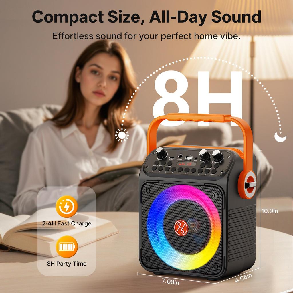 Karaoke Machine, Portable Bluetooth Karaoke Speaker with 2 Wireless Microphones for Adults, PA System with Echo Adjustment, LED Lights