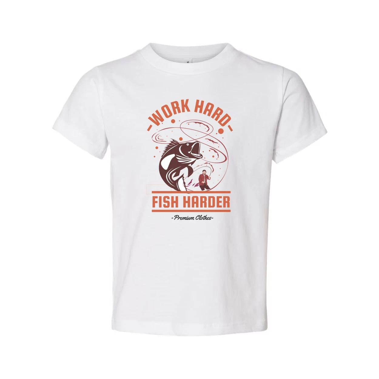 

Work Hard Fish Harder Fishing Graphic Tee for Unisex Adults with Bold Orange Art S