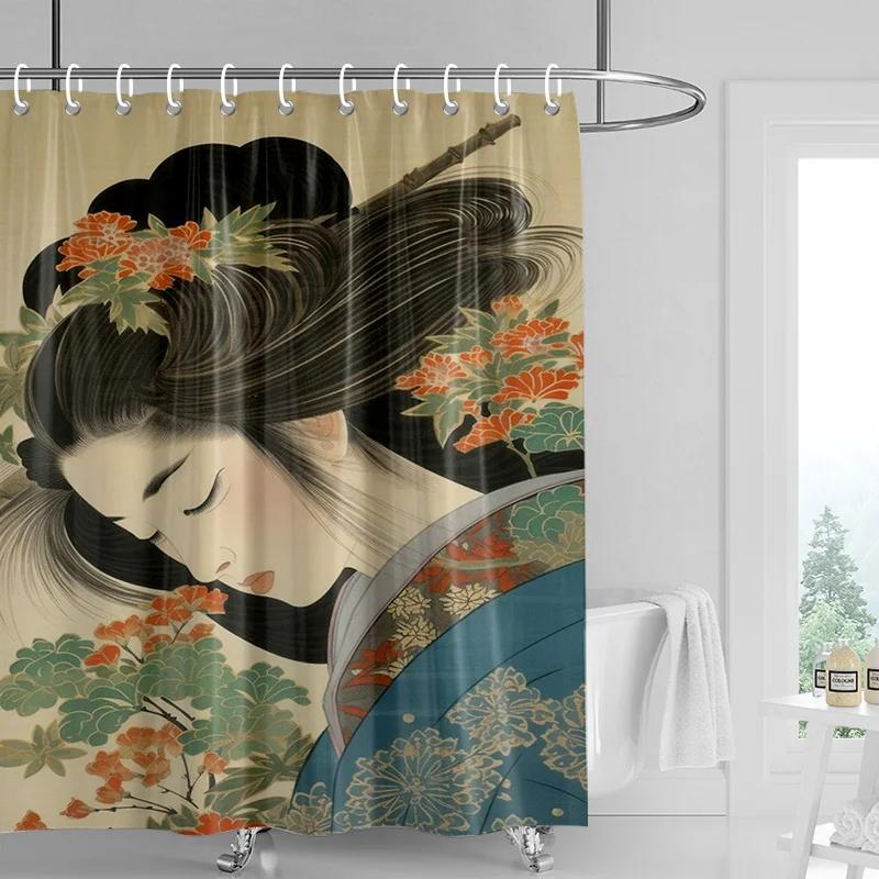 Japanese-style Gogi Retro Character Printed Shower Curtain Fading-resistant Bathroom Partition Curtain for Hotel Home Decoration
