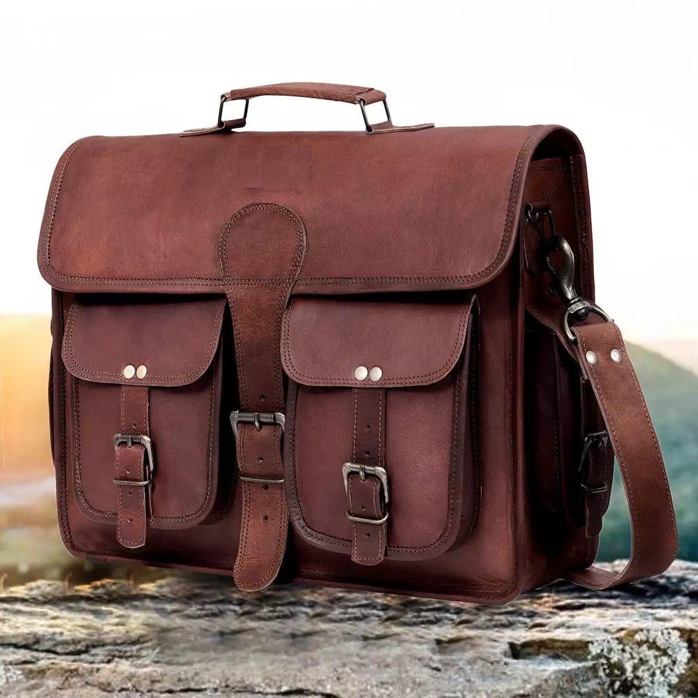 Goat Leather Bag Genuine Messenger Laptop Men's Satchel Real Brown Briefcase