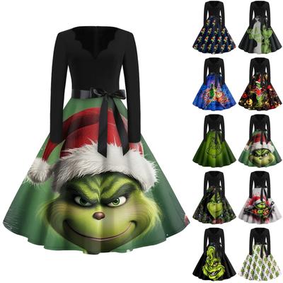 Moda casual feminina com decote em V manga comprida estampa de natal vestido longo vintage