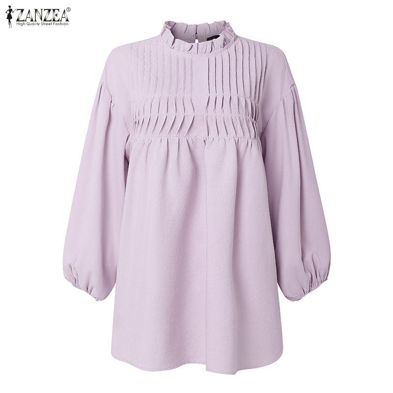 ZANZEA Camicetta casual da donna a maniche lunghe con scollo rotondo e tinta unita
