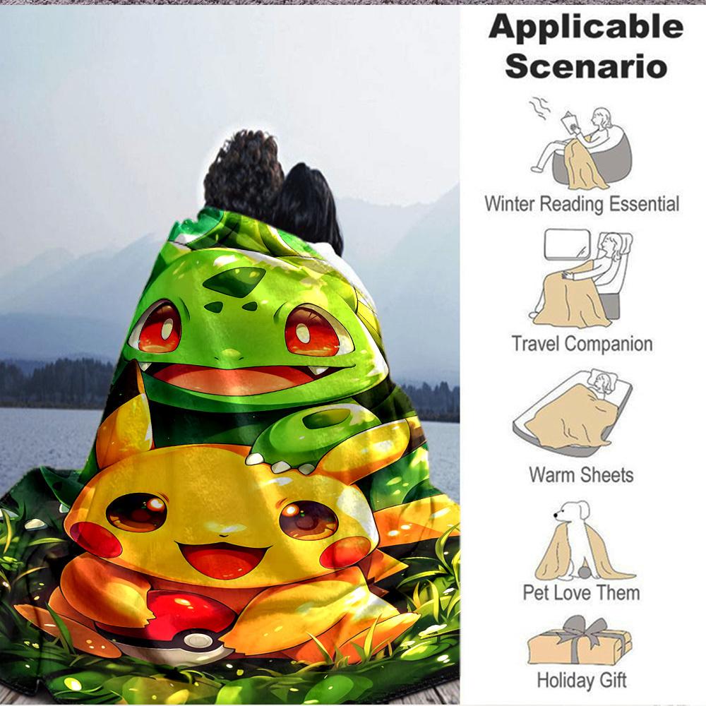 1pc Pikachu, Bulbasaur Flannel Blanket [Cozy Throw Blanket] For Sofa, Bed, Travel, Camping, Livingroom, Office, Couch, Chair, And Bed