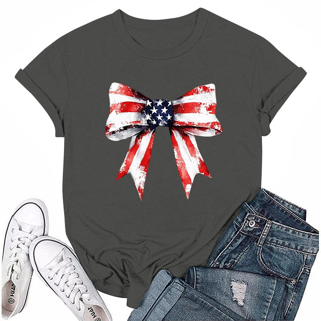 Adults Casual Daily Round Neck Independence Day Printed Short Sleeved T-shirt Letter Top