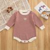 Newborn Cotton Stripe Knit Romper with Bear Embroidery, Color Block, Round Neck & Snap Crotch