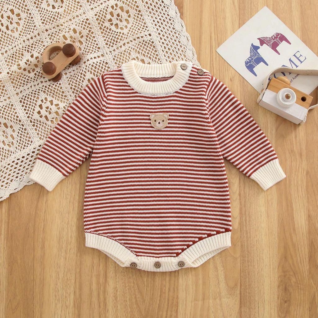 Newborn Cotton Stripe Knit Romper with Bear Embroidery, Color Block, Round Neck & Snap Crotch