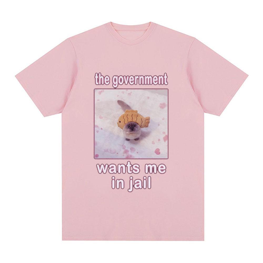 The Government Wants Me In Jail Funnt Cat Meme T Shirts Men's Women Fashion Harajuku T-shirt Cotton Casual Short Sleeve T-shirts