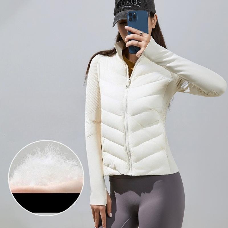 Women's Lightweight Seamless Splicing White Goose Down Jacket Slim Fit Thermal Sports Coat For Running Fitness Yoga
