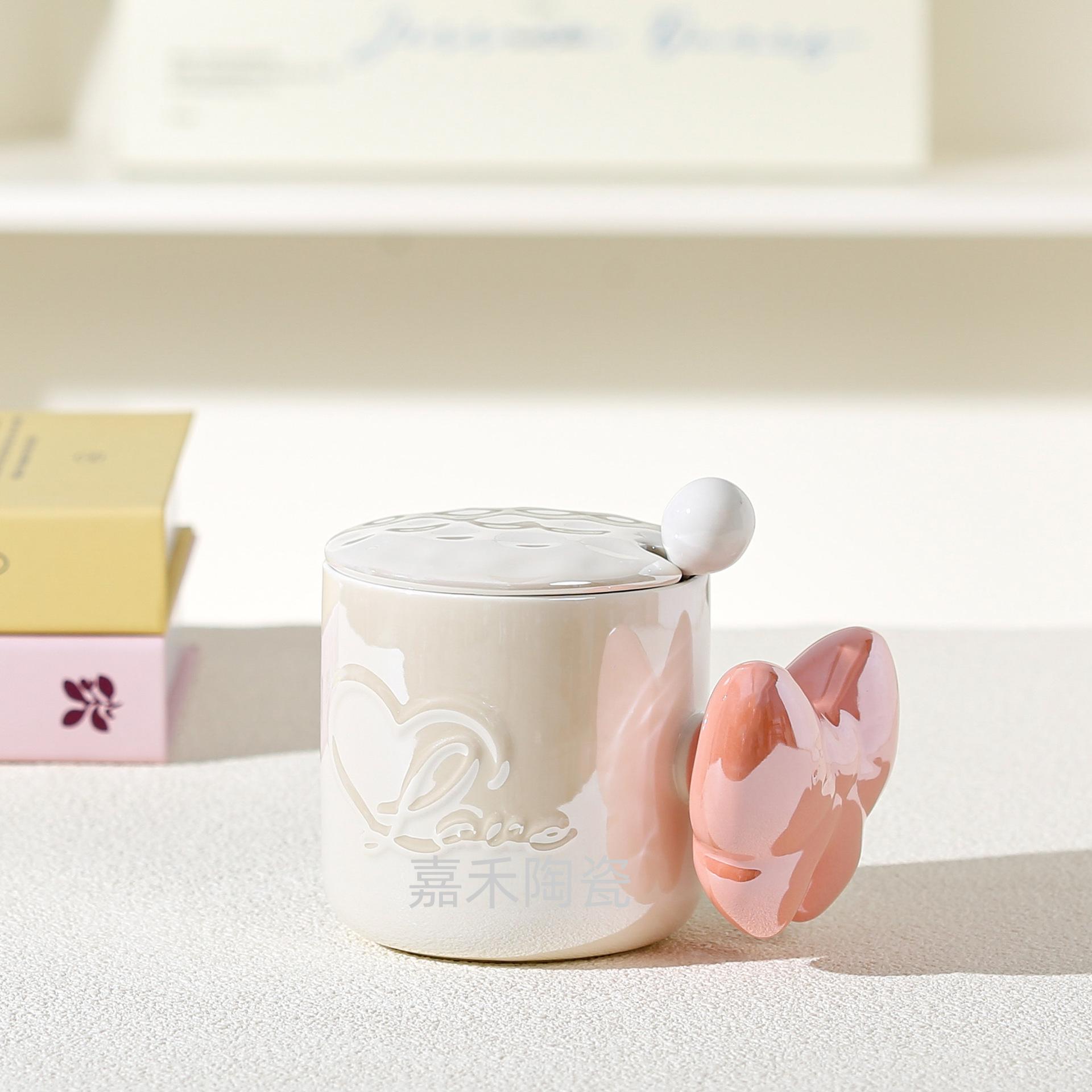 

Bow Pearlescent Glaze Coffee Cup with Lid Girl Heart Mug High Value Water Cup Ceramic Cup Gift Creative Cup 400m