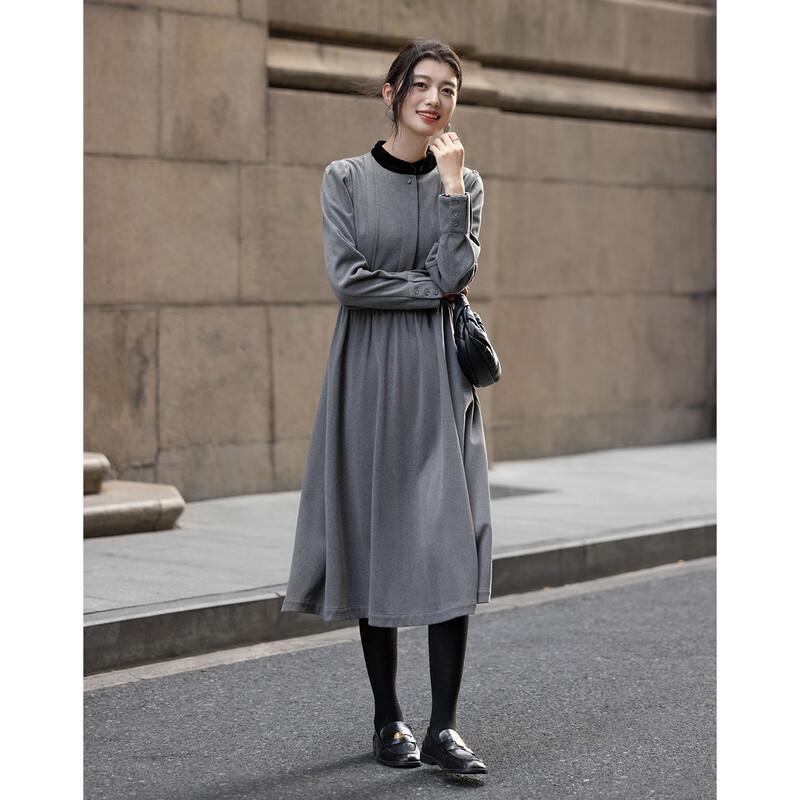 Demana Winter Color-Block Stand Collar Puff Sleeve A-Line Dress