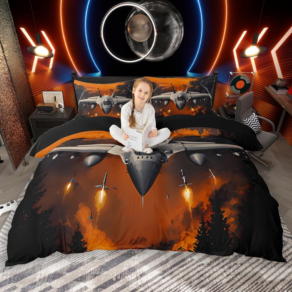 Homewish Cartoon Aircraft Train Duvet Cover Set for Children 2pcs/3pcs, Airplane Steam Engine Bedding, Transportation Bed Set