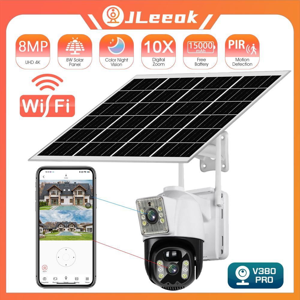 

Jleeok Outdoor 8MP 4K Двойной объектив 8 Вт Солнечная батарея WIFI 15000 мА Аккумулятор Беспроводная PIR IP-камера с обнаружением движения человека 10-кратный зум Обнаружение движения PTZ CCTV ИК-камера