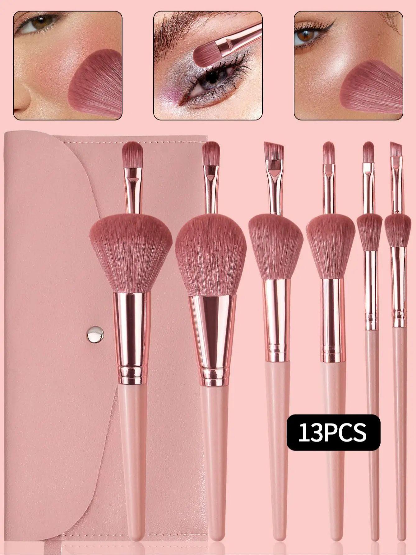 

Набор из 13 кистей для макияжа лица поставляется с портативным конвертом, сумкой для хранения кистей для макияжа, кистями для румян, тональной основы и подводки для глаз. розовый