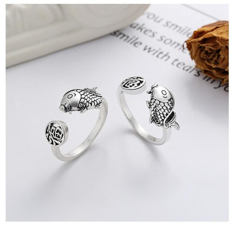 Adjustable Open Ring With Vintage Fortune Character Koi Fish Design Sterling Boho Retro Womens Statement Jewelry