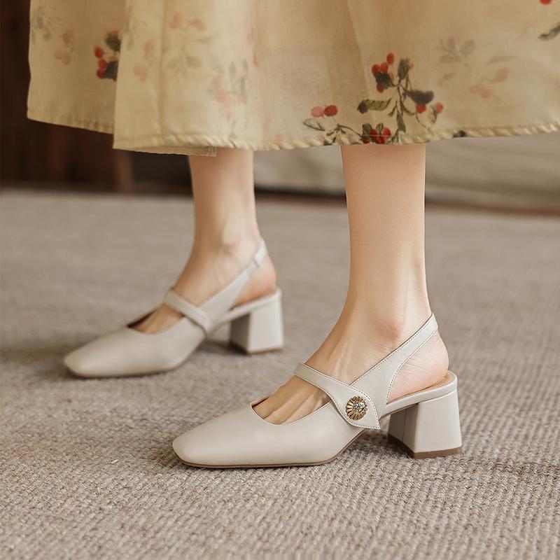 Mary Jane Sandals Women's Head One Button Thick Heel Back Air Versatile Commuting Style Shallow Mouth Single Shoes
