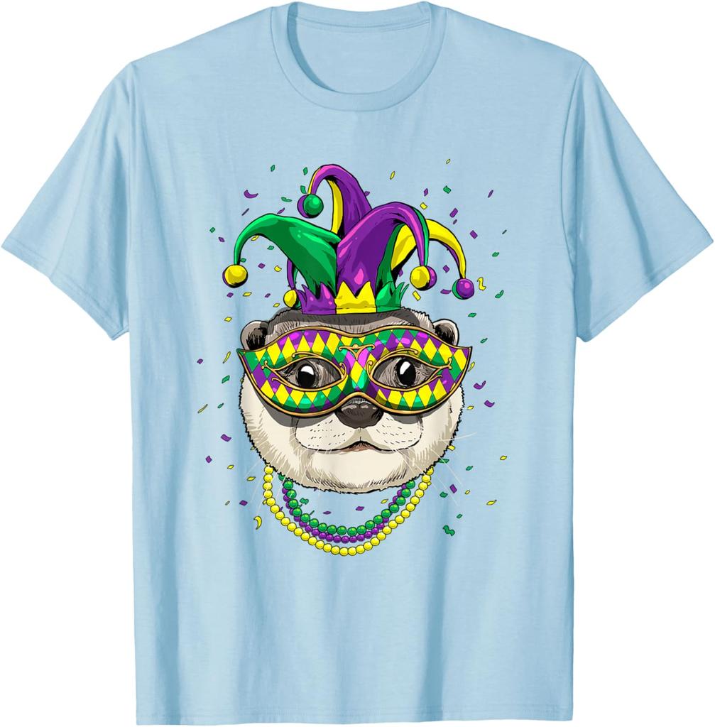 Mardi Gras Otter  Mask Beads Graphic Print Cotton Casual T-Shirt for Men