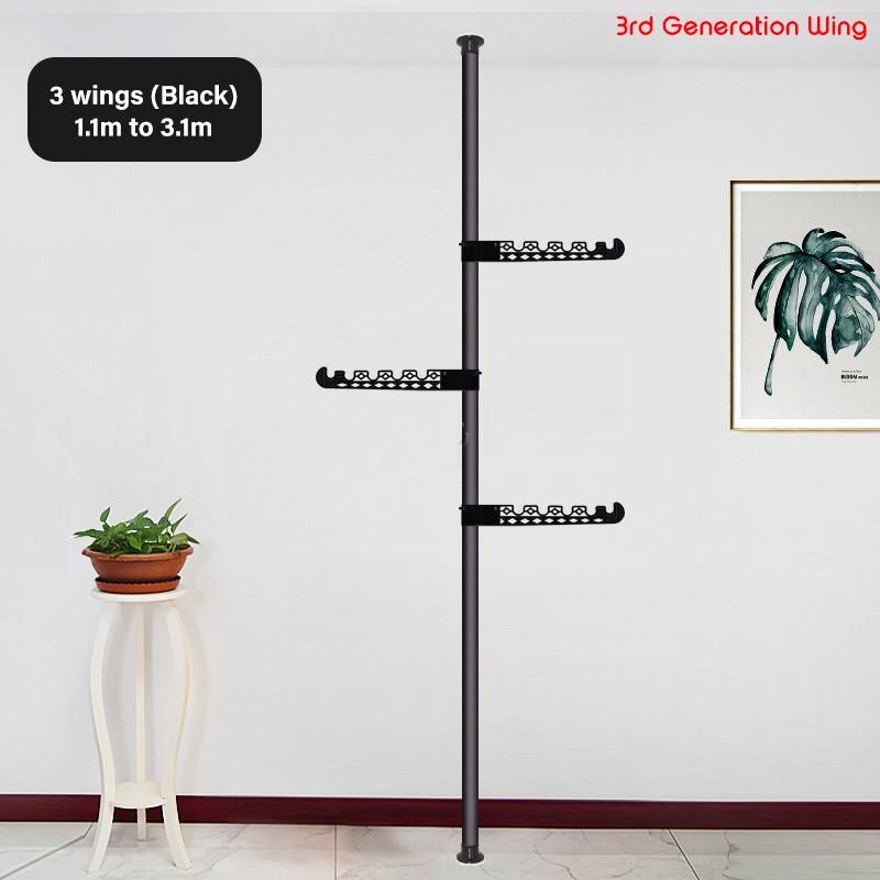 

Регулируемая вешалка-стойка для сушки одежды с распорной штангой от пола до потолка, высокая вместимость, вешалка-штанга для белья Black (3 wings)