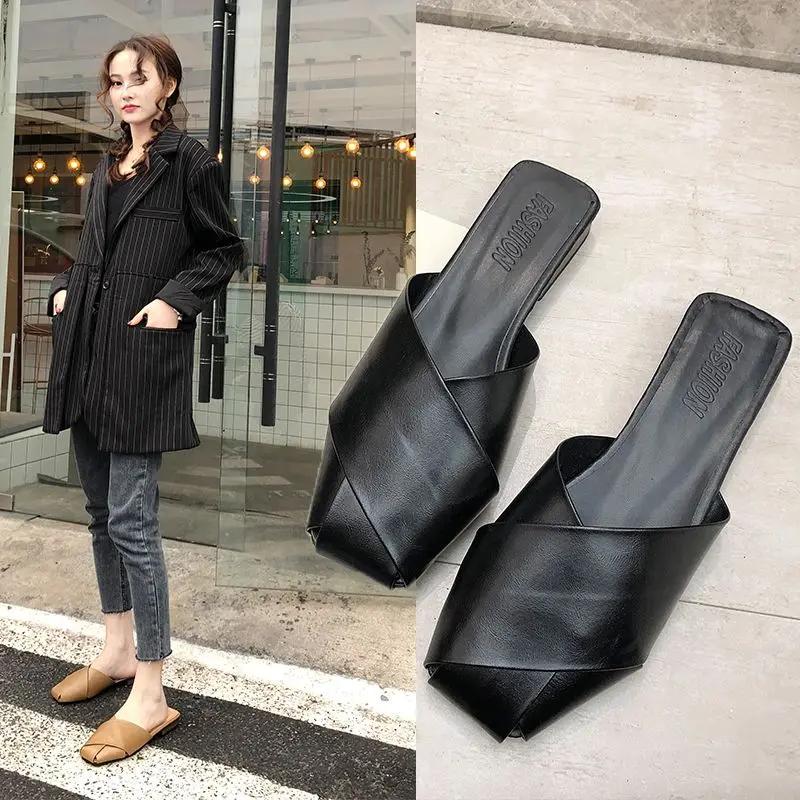 Fashion Flat Apricot Outside Shoes for Women Woman Slippers Sandals Slides Leather On Beach Job Mules New Style Natural Skin Fashion B W
