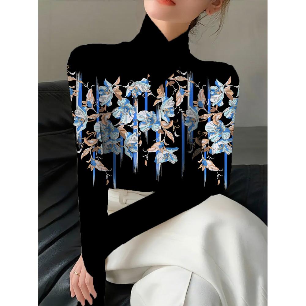Women's Floral Printed Cheongsam Collar Slim-fitting Long-sleeved T-shirt, Elegant Long-sleeved Bottoming Shirt, Spring and Autumn