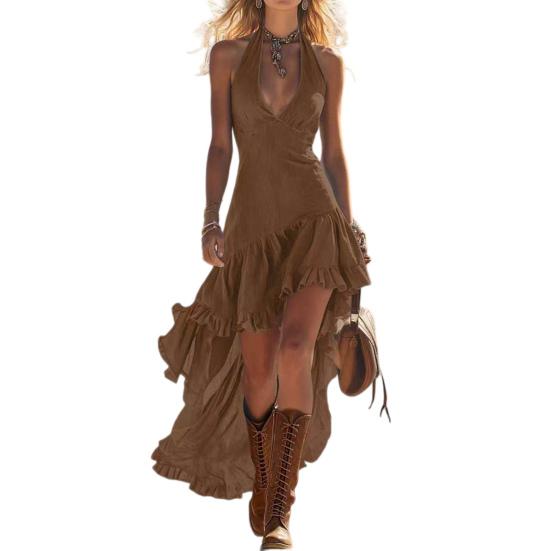 Women's Halter V Ruffle High Flowy Long Neck Sleeveless Dress Low Hem Dress