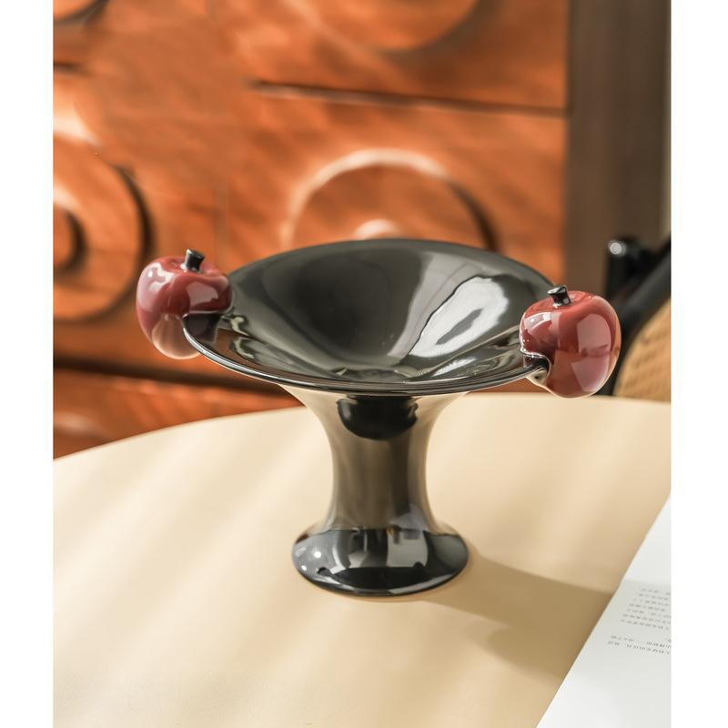 Simple Apple Ceramic Stilt Fruit Plate Black Ceramic Fruit Salad Dessert Bowl Candy Nut Jewelry Storage Plate Home Ornaments New