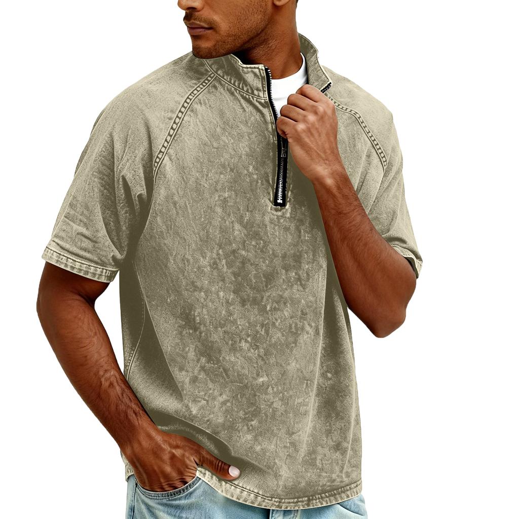 Men's Zipper Stand-up Collar Short-sleeved Distressed Washed Crewneck Casual Shirt