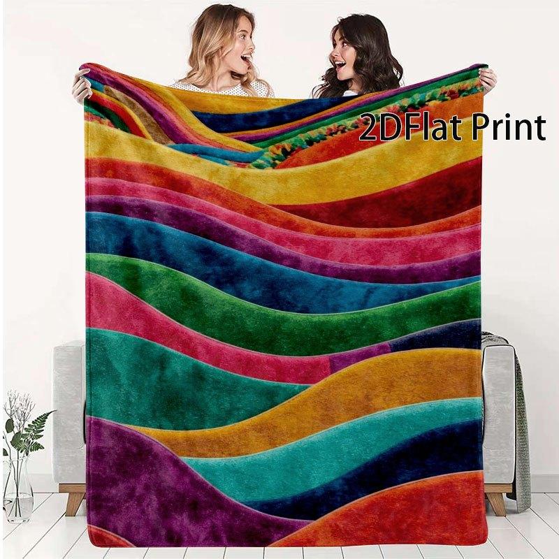 1pc 2D Bohemian Style Colorful Wavy Striped Fleece Blanket Home Sofa Cover Office Nap Warm Blanket Bedroom Decoration Atmospheric Shawl Blanket