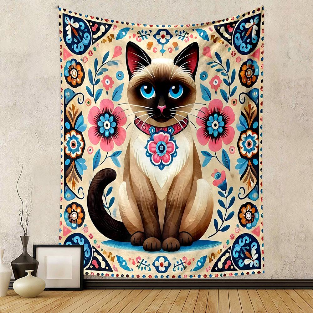 Siamese Cat with Floral Folk Art Style Patterned Tapestry Home Decor, Suitable for Bedroom and Living Room, Gift