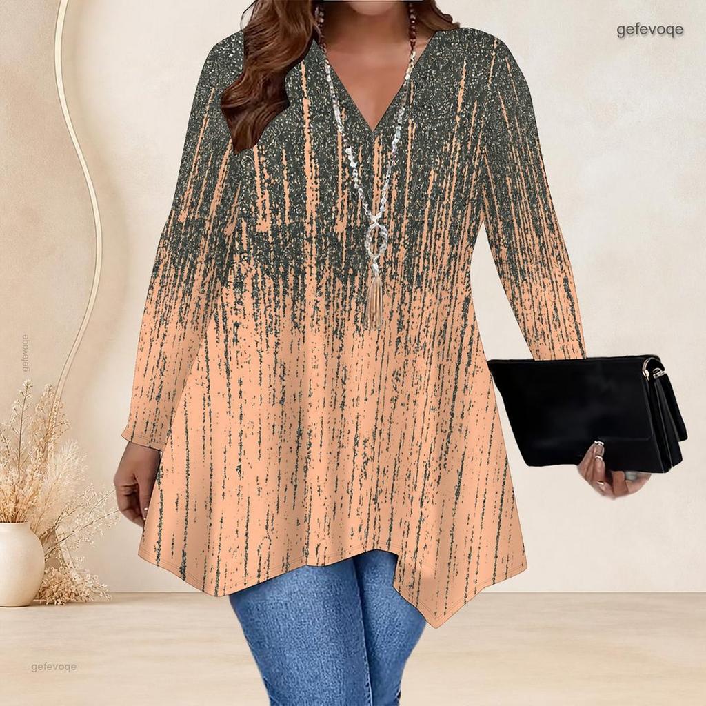Women Plus Size V Neck Long Sleeve Purple White Tie Dye Irregular Hem Tunic Top