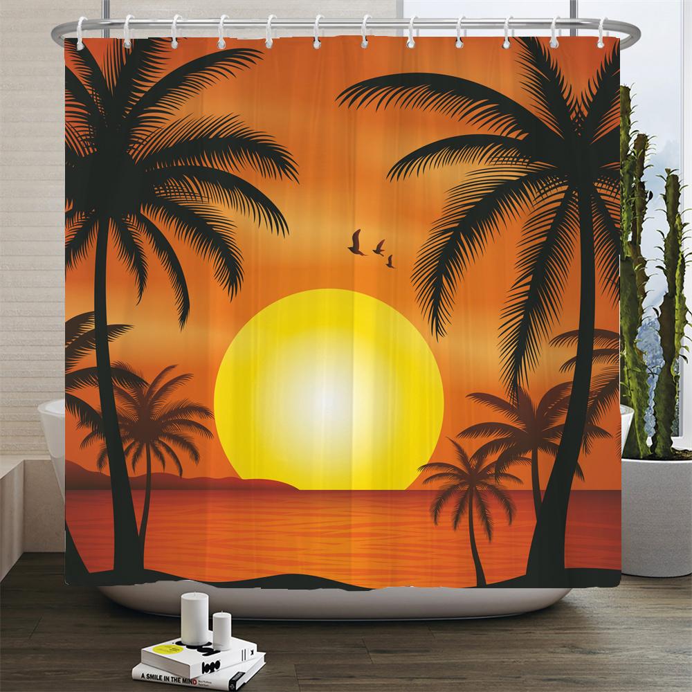 Strand Sonnenuntergang Palmen Landschaft 3D-Druck Duschvorhang Polyester Wasserdicht Heimdeko Vorhang Mit Haken Große Größe 300x180