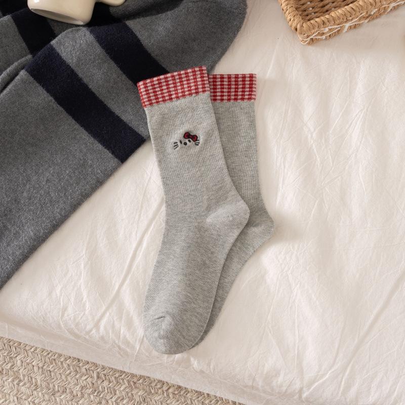 Female Spring and Autumn Lovely Cartoon Embroidery Bow Red Plaid Flanging Boneless Tube Socks