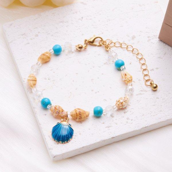 Braccialetto Bohémien con Conchiglie Cowrie, Ciondoli Carini a Stella Marina, Perline Blu, Elastico per Polso da Donna, Gioielli per Vacanze Estive al Mare