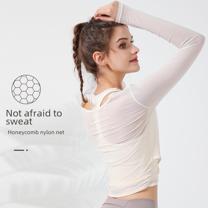 "Women's Long Sleeve Mesh Yoga Top - Breathable Pilates & Running Fitness Cover-Up"
