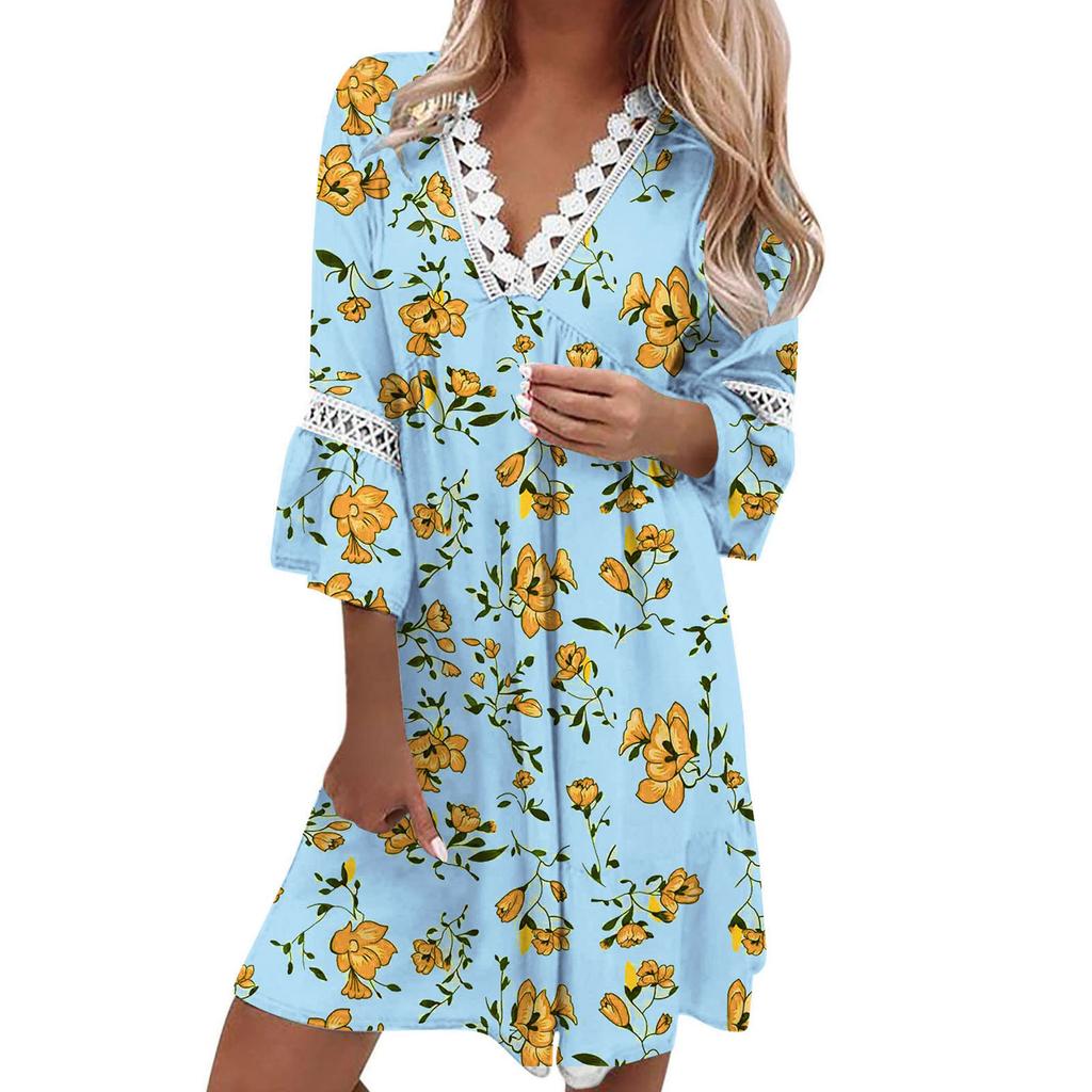 Vestido feminino casual com decote em V estampado renda patchwork boêmio vestido resort feminino