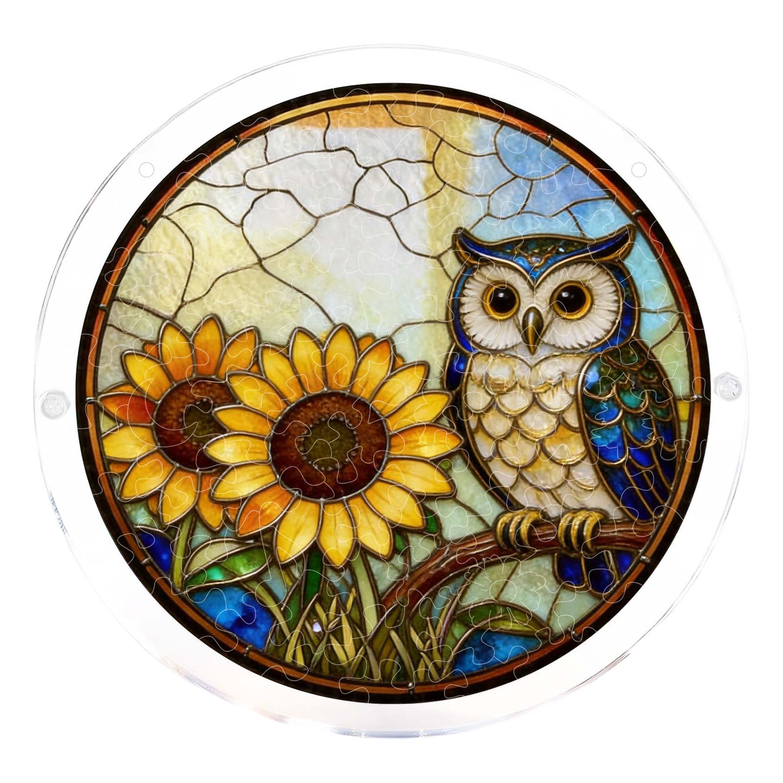 

Acrylic Puzzle Pendant Sun Catcher Window Hanging Decor Owl and Sunflower Design Round Stained Glass Style Ornament for Home Office Garden One Size