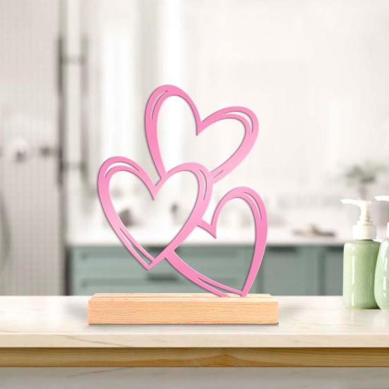 Metal Heart Sign 3 Love Hearts Sculpture with Wooden Base Romantic Mantel Tabletop Decor for Valentine's Day Anniversary Wedding