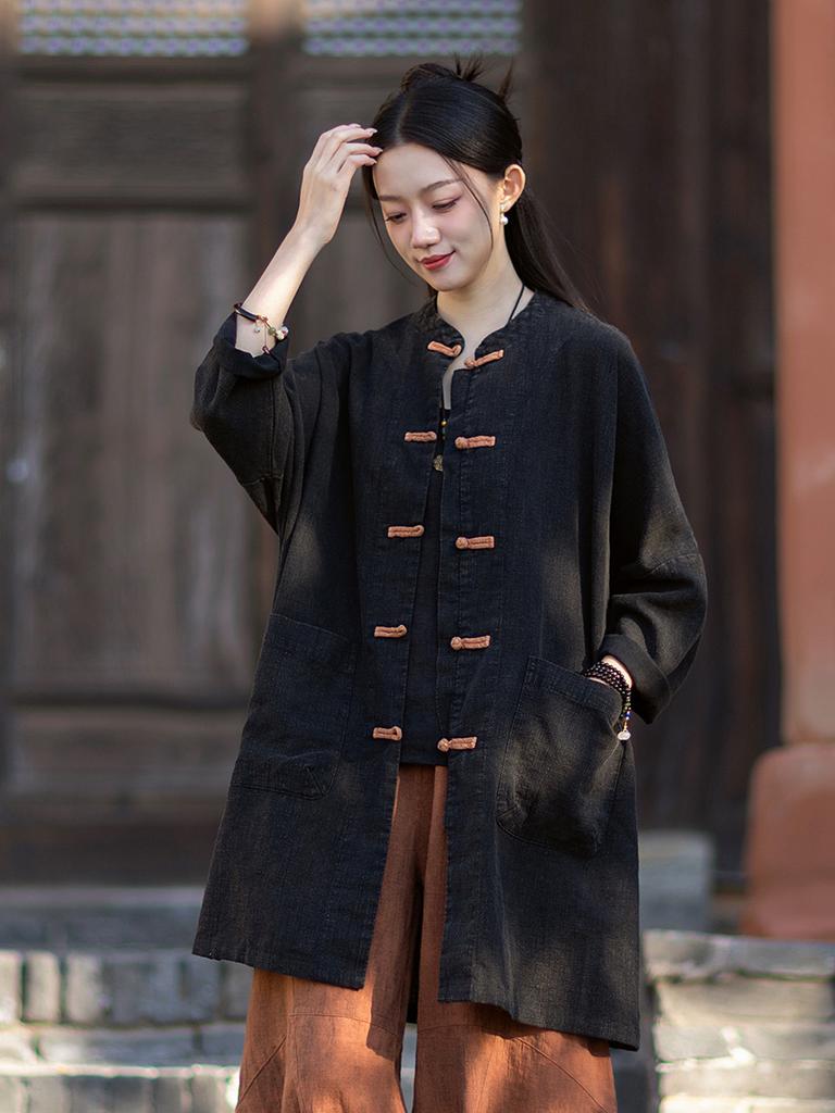 Johnature Women Shirts Vintage Tops Spring Chinese Style Button Solid Color Pockets Stand Long Shirts