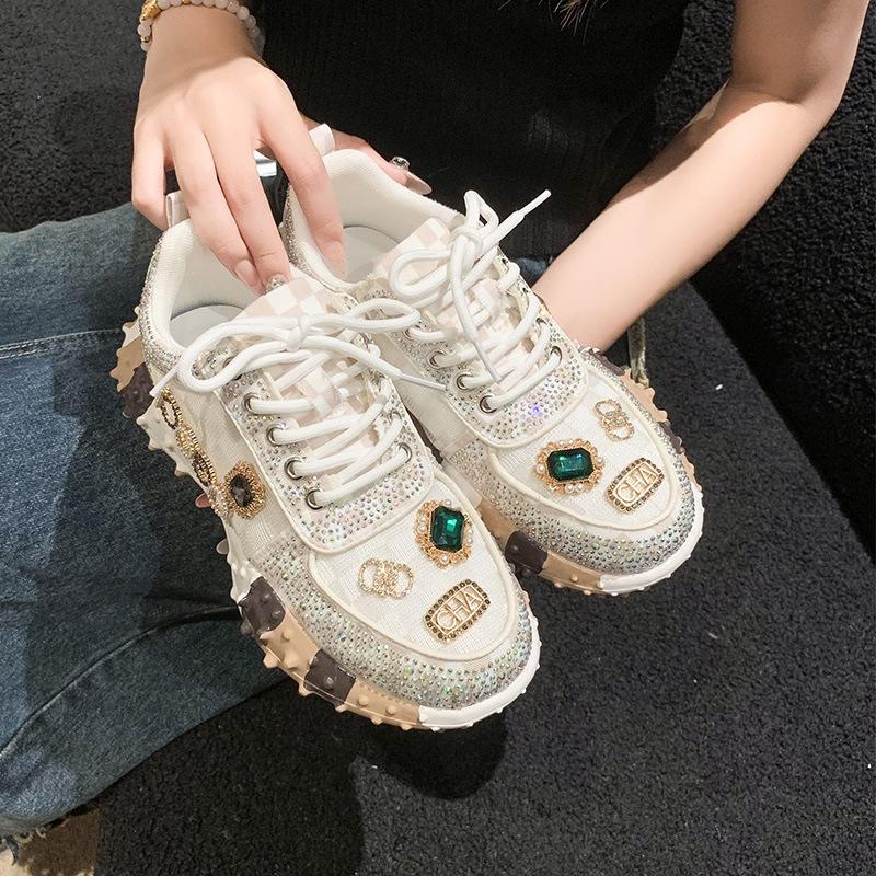 High Quality Women's Casual Sneakers Luxury Designer Rhinestone Platform Shoes Outdoor Non-slip Wear Resistant Vulcanized Shoes