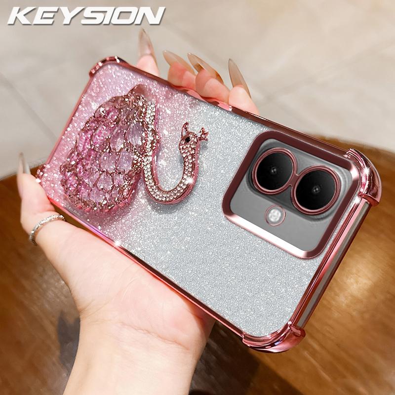 KEYSION Shockproof Plating TPU Phone Case for TECNO Spark Go 2 Pop 10 Glitter Jewelled Swan Kickstand Cover for Infinix Smart 10