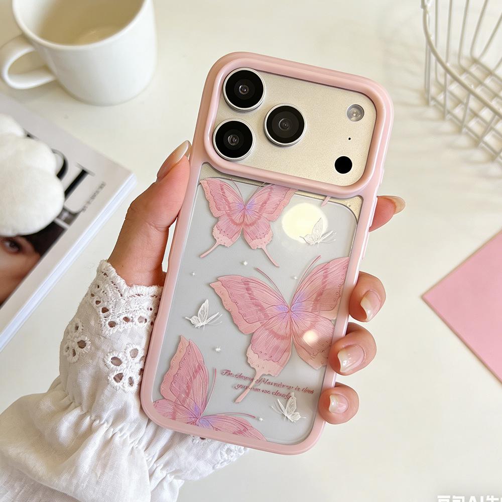 ins pink butterfly is suitable for Apple 17/16Promax anti-drop mobile phone case iPhone15 transparent all-inclusive protective case.