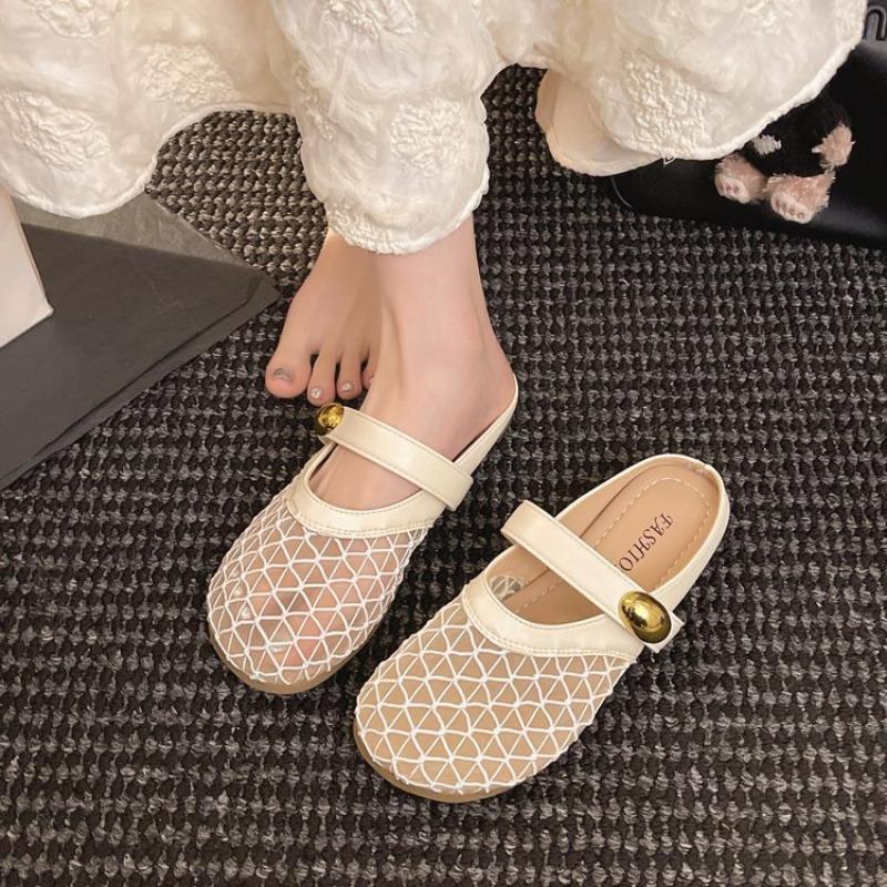 Round head fishing net hole shoes women's new one-pedal with skirt single shoes women's fashion flat slippers