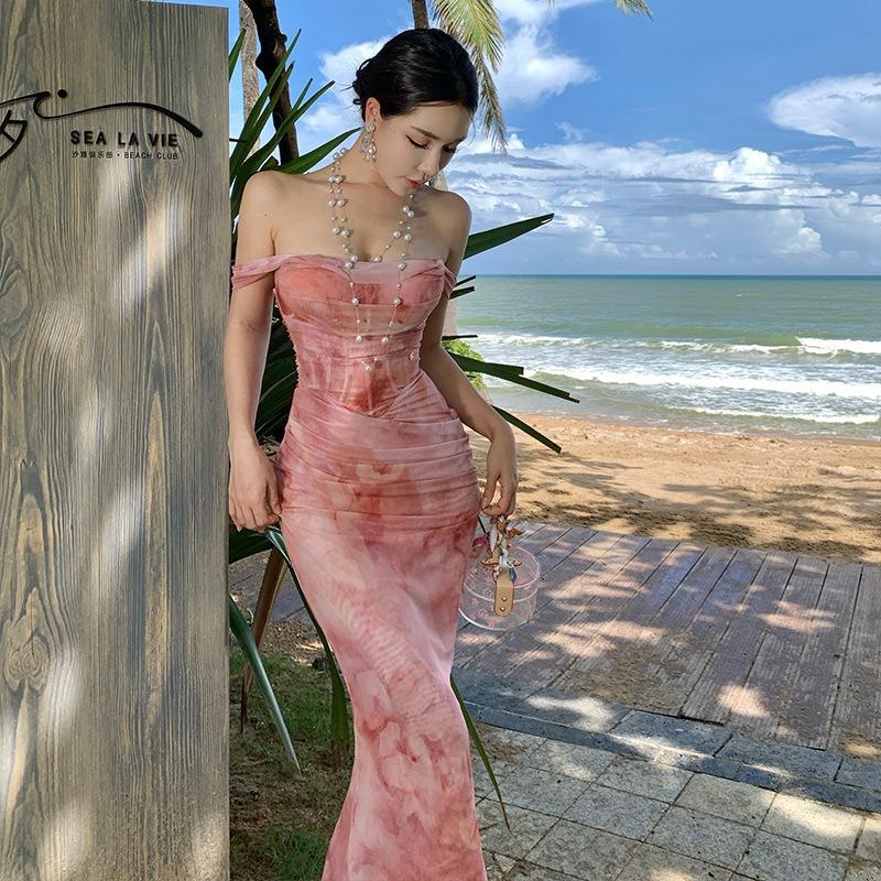 High-end Niche Stars, One-word Shoulder Pleats, Smudged Slim-fitting Hip-wrapped Dress, Summer Super Fairy Vacation Dress
