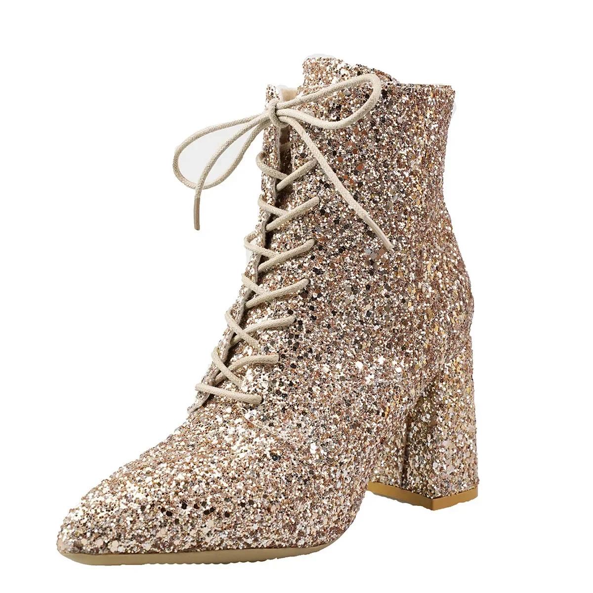 

Модные женские ботильоны с пайетками, модные женские ботинки на квадратном каблуке с острым носком, женские ботильоны на молнии для сцены 2024 года 37 золотой