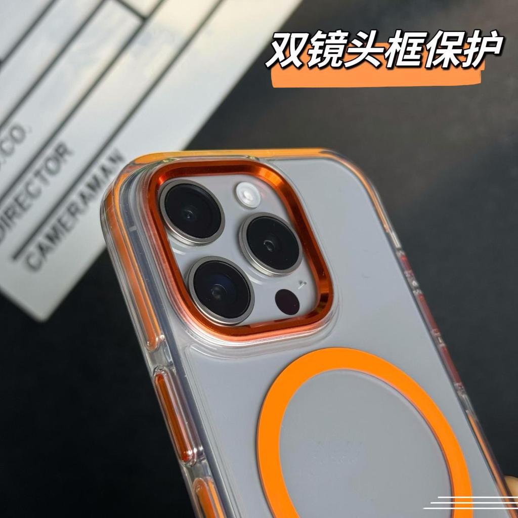 Two-color edge, suitable for Apple 14 mobile phone case, metal lens iPhone15 magnetic attraction 13Promax transparent hard case 12.