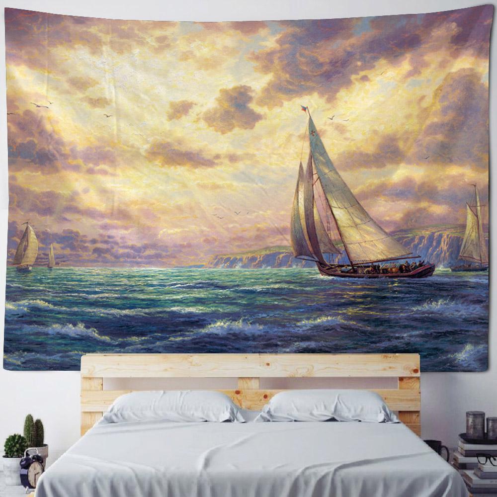 Sea oil painting tapestry, waves, sunrise, bohemian, hippie, wall hanging, home, bedroom, living room, aesthetic decoration