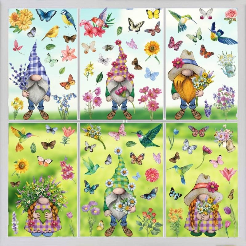 9 Sheets Spring Butterfly Gnomes Static Clings Window Sticker Decal for Bedroom Living Room Festival Home Decorations