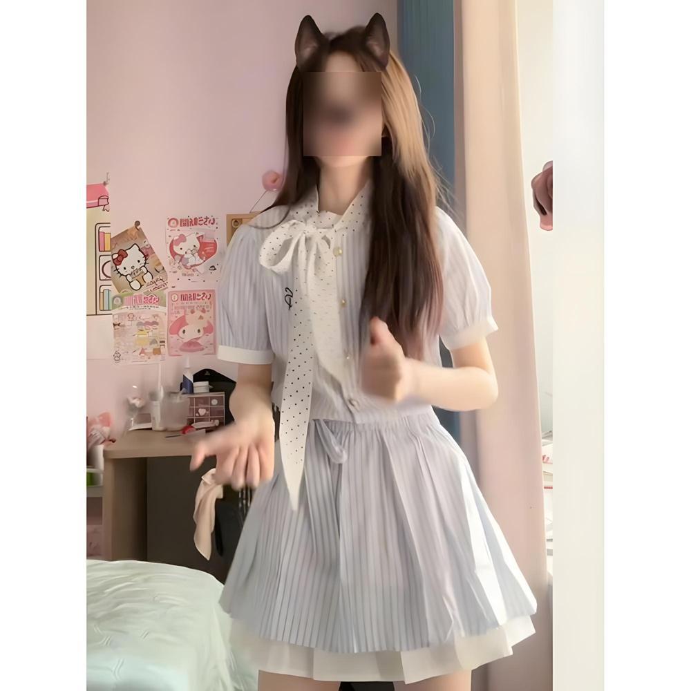 Preppy style striped shirt dress women's summer casual new miu waist small short skirt