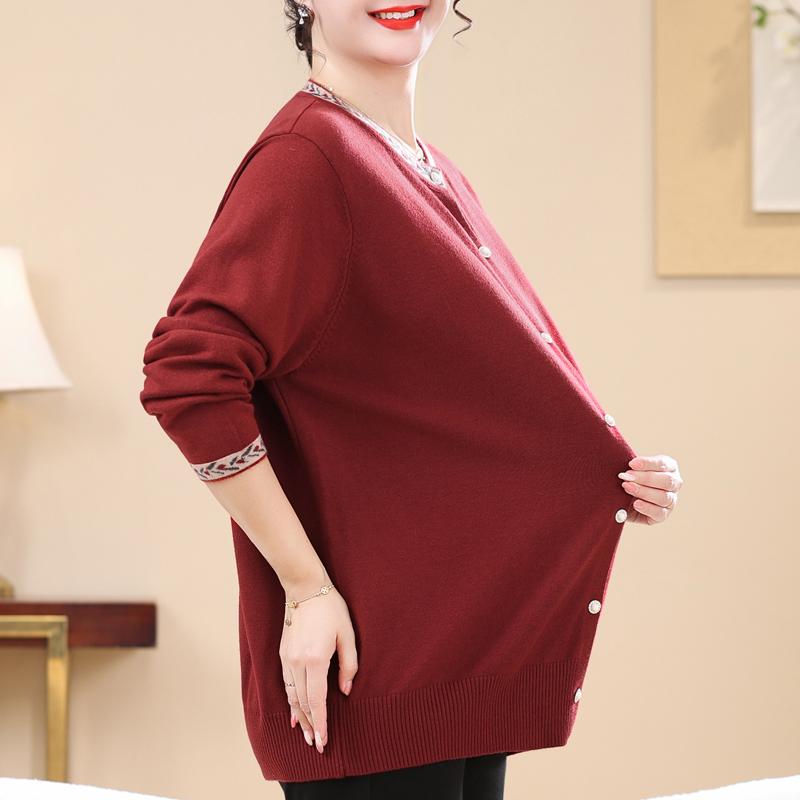 Plus Size Women Button Knit Cardigan for Elderly Ladies Round Neck Long Sleeve Casual Sweater Outerwear