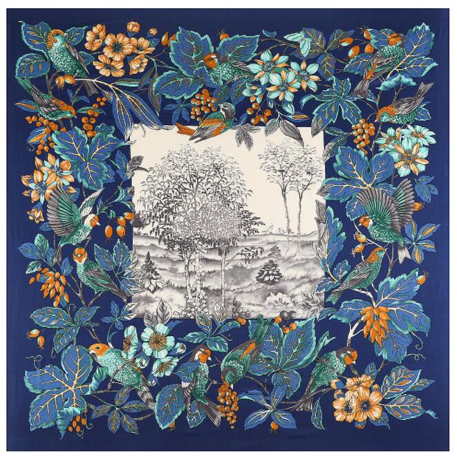 130cm*130cm High Quality Large Square Scarves Shawls Luxury Brand Bohemian Flowers and Birds Twill Silk Scarf For Women Headband